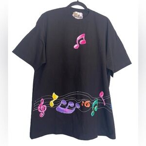 Lisa & Me Collectable Wearable Art Hand Painted Musical Notes Black T-Shirt XL